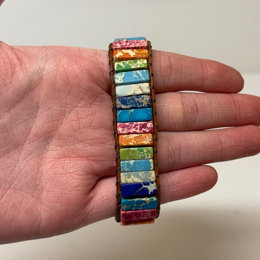 Multicolor Imperial Jasper Leather Wrap Bracelet Silver Filigree Button Clasp